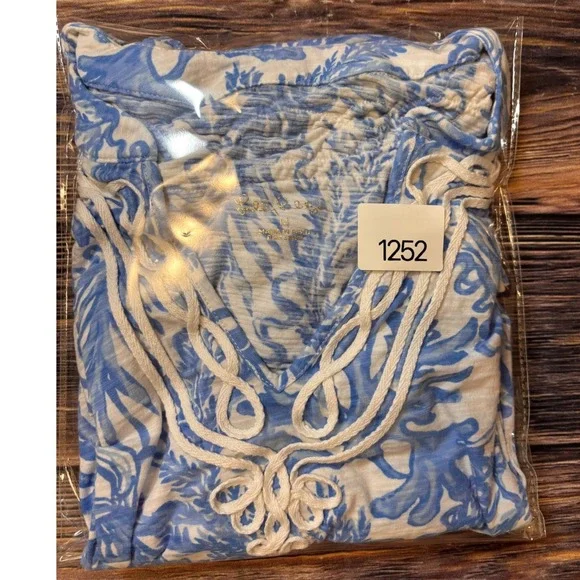 Lilly Pulitzer Kaia Tunic Top Womens M Blue Aqua Coral Cotton V-Neck Soutache - Picture 12 of 12